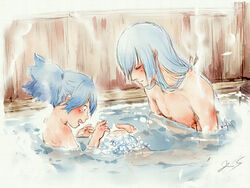  2boys bath bathtub blue_eyes blue_hair closed_eyes commentary_request kousetsu_samonji male_focus multiple_boys open_mouth partially_submerged robinson same-sex_bathing sayo_samonji shared_bathing smile touken_ranbu towel_bubble water 