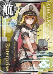  arrow_(projectile) blonde_hair bow_(weapon) card_(medium) card_parody character_name commentary_request compound_bow cowboy_shot egasumi enterprise_(pacific) female hat holding holding_bow_(weapon) holding_weapon jeanex kantai_collection left-handed looking_at_viewer midriff navel original pacific_(kancolle) personification photoshop_(medium) quiver red_eyes sailor_collar short_hair solo translation_request united_states united_states_navy uss_enterprise_(cv-6) weapon 