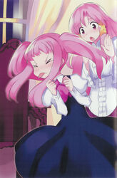  &gt;_&lt; 2girls :p cattleya_yvette_la_baume_le_blanc_de_la_fontaine closed_eyes dress hair_ribbon highres long_hair louise_francoise_le_blanc_de_la_valliere multiple_girls official_art open_mouth photoshop_(medium) pink_eyes pink_hair ribbon scan siblings sidelocks sisters tongue tongue_out tress_ribbon twintails usatsuka_eiji zero_no_tsukaima 