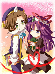  ! 2boys bad_id bad_pixiv_id blue_eyes blush book chibi feli_(puyopuyo) female flower glasses gothic_lolita green_eyes hair_ribbon hairband hat heart klug_(puyopuyo) lemres_(puyopuyo) lolita_fashion long_hair multiple_boys purple_flower purple_hair purple_rose puyopuyo puyopuyo_fever puyopuyo_fever_2 ribbon rose sofako_(miuccha) 