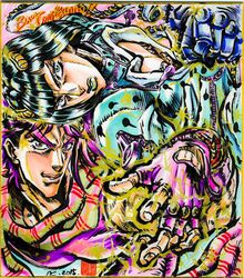  2boys ashiya_kouhei black_hair blue_hair bruno_bucciarati colorful commentary_request electricity headband jojo_no_kimyou_na_bouken joseph_joestar joseph_joestar_(young) marker_(medium) multiple_boys official_style purple_hair shikishi stand_(jojo) sticky_fingers_(stand) traditional_media 