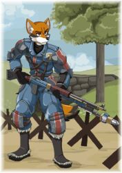  animated anthro armor brown_eyes canid canine canis clothed clothing fully_clothed gun loop male mammal military_uniform outside p-aei ranged_weapon rifle sega short_playtime solo standing uniform valkyria_chronicles weapon wolf yokhame 