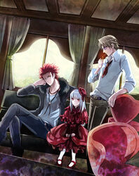  2boys blonde_hair chair cigarette couch dress female gothic_lolita hat jacket k_(anime) kusanagi_izumo kushina_anna lolita_fashion multiple_boys necktie red_hair silver_hair smoking sunglasses suou_mikoto_(k) tie 