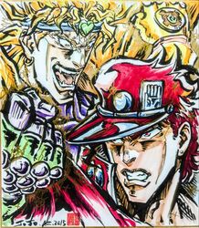  2boys ashiya_kouhei commentary_request dio_brando hat jojo_no_kimyou_na_bouken kujo_jotaro marker_(medium) multiple_boys official_style scar scar_on_neck shikishi stardust_crusaders traditional_media 