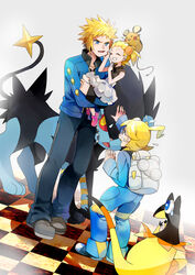  2boys ahoge backpack bag blonde_hair blue_eyes bonnie_(pokemon) checkered_floor clemont_(pokemon) commentary dedenne female glasses heliolisk ikaru jacket jumpsuit luxray multiple_boys photoshop_(medium) pokemon pokemon_(anime) pokemon_(creature) pokemon_dppt pokemon_xy pokemon_xy_(anime) short_hair side_ponytail spiked_hair sweatdrop volkner_(pokemon) 