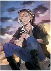  1boy absurdres belt_boots black_footwear black_hoodie blonde_hair blue_pants blue_sky boots border brown_shirt casual cloud commentary concrete cross-laced_clothes cross-laced_slit dark_clouds fan_ju fingernails from_below gradient_sky highres hood hoodie interlocked_fingers kagerou_project kano_shuuya layered_sleeves lips looking_at_viewer male_focus multicolored_sky notched_neckline open_clothes orange_sky outdoors pants pants_tucked_in parted_lips photoshop_(medium) pink_sky red_eyes shirt short_hair short_sleeves sitting sky sleeves_past_elbows smile solo sunset t-shirt two-sided_hoodie white_border white_hoodie yellow_sky 