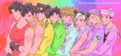  6+boys anchor_symbol aqua_hair aqua_lips battle_tendency black_hair blonde_hair blue_eyes blue_shirt braid chains closed_eyes commentary_request cone_hair_bun copyright_name diamond_wa_kudakenai dixie_cup_hat double_bun female fingerless_gloves gakuran giorno_giovanna gloves green_eyes green_lips green_shirt hair_bun hat heart higashikata_josuke higashikata_josuke_(jojolion) hug hug_from_behind johnny_joestar jojo_no_kimyou_na_bouken jojolion jonathan_joestar joseph_joestar joseph_joestar_(young) kujo_jolyne kujo_jotaro lipstick makeup mandaman military_hat multicolored_hair multiple_boys orange_eyes orange_shirt phantom_blood pink_shirt pompadour purple_lips purple_shirt rainbow_order red_shirt sailor_collar scarf school_uniform shirt stardust_crusaders steel_ball_run stone_ocean tank_top two-tone_hair vento_aureo yellow_eyes yellow_lips yellow_shirt 