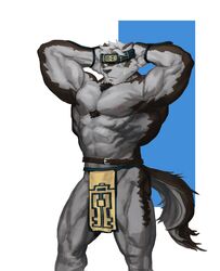  2017 abs absurd_res accessory anthro belt biceps big_muscles bottomwear brown_body brown_fur canid canine canis chest_tuft clothed clothing digital_media_(artwork) flexing fur grey_body grey_fur handband headband hi_res horkeu_kamui_(tas) lifewonders loincloth looking_at_viewer male mammal multicolored_body multicolored_fur muscular muscular_anthro muscular_male nipples obliques pecs pink_nipples simple_background solo standing tokyo_afterschool_summoners topless traver009 triceps tuft white_body white_fur wolf yellow_eyes 