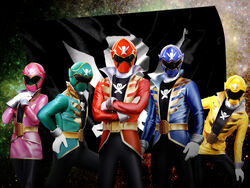  2girls 3boys belt commentary_request crossed_arms flag gokai_blue gokai_green gokai_pink gokai_red gokai_yellow kaizoku_sentai_gokaiger maru_(maru1105) multiple_boys multiple_girls super_sentai 