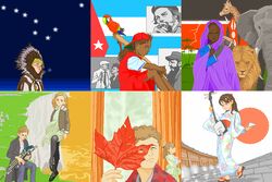  2boys 6+girls alaska alaska_state_flag bagpipes baseball_bat bird black_hair blonde_hair blue_eyes book brown_eyes brown_hair canada canadian_(nihon-chan) canadian_flag che_guevara closed_eyes commentary_request cuba cuba_(nihon-chan) cuban_flag dark_skin elephant fidel_castro giraffe hinomoto_sakura instrument ireland irish_flag japan japanese_clothes japanese_flag kenya kenyan_flag kimono laska leaf lion long_hair macaw maple_leaf multiple_boys multiple_girls nihon-chan pantyhose parrot pixel_art quebec_(nihon-chan) shamisen short_hair star_(symbol) sun_(artist) uilleann_pipes 