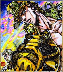  2boys ashiya_kouhei blonde_hair chains commentary_request gakuran hat jojo_no_kimyou_na_bouken joseph_joestar joseph_joestar_(old) kujo_jotaro marker_(medium) multiple_boys official_style school_uniform shikishi traditional_media 