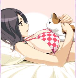  bad_link bikini bikini_top_only black_hair breasts brown_eyes character_request checkered colored_sclera feline female from_side green_sclera huge_breasts ino_(magloid) lying on_back parted_lips pillow profile sideboob solo strap_gap swimsuit techgian 