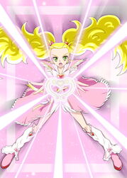  :o arm_warmers blonde_hair boots brooch commentary_request detached_sleeves dress earrings eyelashes female futari_wa_precure futari_wa_precure_max_heart green_eyes hair_ornament hair_ribbon heart heart_brooch highres jewelry kneehighs kujou_hikari leg_warmers long_hair looking_at_viewer magical_girl moritakusan open_mouth pink_background pink_dress precure ribbon serious shiny_luminous socks solo twintails wrist_cuffs 