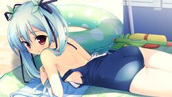  aete_mushisuru_kimi_to_no_mirai ass bare_shoulders beach_towel blue_hair clothes_pull cooler female game_cg hair_ribbon innertube long_hair lying on_stomach one-piece_swimsuit one-piece_swimsuit_pull red_eyes ribbon sawatari_nanagi school_swimsuit smile solo strap_slip swim_ring swimsuit takoyaki_(roast) towel twintails water_gun 