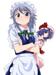  2girls :c apron blue_eyes blue_hair braid can&#039;t_be_this_cute commentary_request crossed_arms frown grey_hair hat hat_ribbon highres izayoi_sakuya looking_at_viewer maid_headdress mob_cap multiple_girls ore_no_imouto_ga_konna_ni_kawaii_wake_ga_nai parody red_eyes remilia_scarlet ribbon short_hair short_sleeves simple_background skirt skirt_set touhou twin_braids waist_apron white_background woofey 