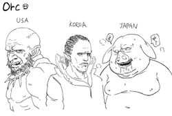  3boys animal_ears bad_id bad_twitter_id bald beard blank_eyes character_name commentary_request comparison copyright_request dreadlocks drooling earrings english_text facial_hair fangs fat frown futoshi_slim greyscale heavy_breathing high_collar jewelry lineage lineage_2 lips looking_at_viewer male_focus monochrome multiple_boys muscular orc pig pig_ears pig_snout pointy_ears saliva simple_background skull translated veins warcraft white_background 