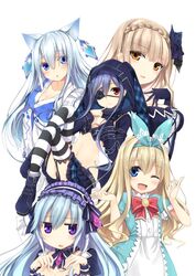  5girls ;d alternate_costume animal_ears animal_hood aqua_hair black_gloves blonde_hair bow breasts brown_hair choker commentary_request effole_(fairy_fencer_f) eyepatch fairy_fencer_f gloves hair_ornament hairband hands_on_own_chest hood jitome kaguyuu karin_(fairy_fencer_f) lolita_hairband long_hair mariano_(fairy_fencer_f) medium_breasts multiple_girls navel one_eye_closed open_mouth parted_lips pleated_skirt purple_hair rabbit_hood rolo_(fairy_fencer_f) silver_hair simple_background skirt small_breasts smile striped_clothes striped_thighhighs thighhighs tiara_(fairy_fencer_f) white_background wrist_cuffs 