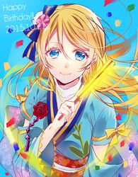  angelic_angel ayase_eli blonde_hair blue_eyes commentary_request dated detached_sleeves female hair_ribbon happy_birthday japanese_clothes kimono long_hair love_live! love_live!_school_idol_project noka_(blackheart1118) ribbon smile solo 