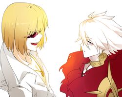  2boys bad_id bad_pixiv_id bishounen blonde_hair fate/apocrypha fate/grand_order fate_(series) heru_(goldprin) karna_(fate) male_focus multiple_boys sakata_kintoki_(fate) sunglasses voice_actor_connection white_hair yusa_kouji 