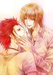  2boys collared_shirt earring earrings hands_on_another&#039;s_face jewelry k_(anime) male male_focus multiple_boys necklace red_hair shirt short_hair sideburns suou_mikoto_(k) totsuka_tatara yaoi 