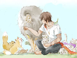  1boy animal animal_on_shoulder bird bird_on_shoulder brown_hair cat_teaser commentary_request dog_tags fox gokotai&#039;s_tigers indian_style kamekichi konnosuke male_focus nakigitsune&#039;s_fox nue ookurikara robinson shishiou_no_mofumofu sitting tiger tiger_cub touken_ranbu turtle white_tiger yellow_eyes 