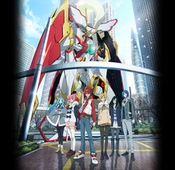  2boys 4girls agemaki_wako alternate_costume aqua_eyes aqua_hair black_hair blonde_hair blue_eyes blue_hair boots building casual coat fur_coat glasses highres itou_yoshiyuki jacket kita_no_miko koyama_shigeto mecha mode_gakuen_cocoon_tower multiple_boys multiple_girls nichi_keito official_art pantyhose pink_hair ponytail red_eyes red_hair robot scarf shadow shindou_sugata skirt star_driver tauburn_(star_driver) thighhighs tree tsunashi_takuto vest you_mizuno 