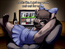  alcohol anthro bear beer better_version_at_source beverage bow_(disambiguation) carrot_(artist) clothing computer coors demon digital_media_(artwork) dress electronics english_text female food inkbunny inside keyboard lagomorph leporid looking_at_viewer mammal penance rabbit reclining smile solo text uhoh young young_anthro 