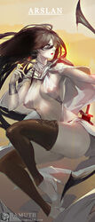  arslan_senki artist_name bad_id bad_pixiv_id bamuth black_hair black_legwear breasts cape cleavage copyright_name earrings email_address falangies female hair_between_eyes high_heels hoop_earrings jewelry large_breasts lipstick long_hair makeup motion_blur photoshop_(medium) red_lips revealing_clothes sky solo sword weapon wristband 