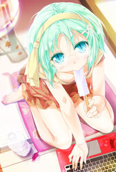  :&gt;= blue_eyes blush bottle commentary_request computer female food glasses green_hair hair_ornament hairband hairclip hio_raichi ice_cream kyou_ami! laptop looking_at_viewer oerba_yun_fang porurin sexually_suggestive skirt slit_pupils solo 