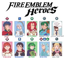  armor azura_(fire_emblem) blue_hair book celica_(fire_emblem) commentary_request fire_emblem fire_emblem:_genealogy_of_the_holy_war fire_emblem:_the_blazing_blade fire_emblem_echoes:_shadows_of_valentia fire_emblem_fates fire_emblem_heroes headband highres ike_(fire_emblem) kiran_(fire_emblem) long_hair lyn_(brave_lady)_(fire_emblem) lyn_(fire_emblem) multiple_girls ninian_(fire_emblem) nino_(fire_emblem) phlavours ponytail red_eyes red_hair reinhardt_(fire_emblem) smile titania_(fire_emblem) twintails veil yellow_eyes 