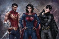  1boy 2girls armor bat_(symbol) batman batman_(series) belt black_hair blue_eyes cape dc_comics earth_11 emblem gauntlets hands_on_hips justice_league kryptonian multiple_girls red_cape rule_63 s_shield star superman superman_(series) sword trio vambraces weapon wonder_woman wonder_woman_(series) 