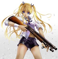  bad_id bad_pixiv_id bandages black_shorts blonde_hair blood blue_eyes cuts dark-skinned_female dark_skin female from_below glass_shards gun gunslinger_girl holding injury long_hair looking_at_viewer navel photoshop_(medium) pump_action shorts shotgun solo thighs triela twintails weapon winchester_model_1897 yuzu_5101 