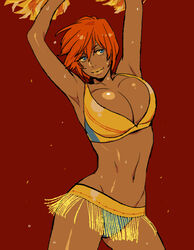  arms_up bad_id bad_pixiv_id bikini bikini_skirt bikini_top_only blue_eyes bouncing_breasts breasts cheerleader cleavage dark-skinned_female dark_skin female fringe_trim genderswap_(mtf) groin large_breasts lips looking_at_viewer midriff navel orange_hair pom_pom_(cheerleading) red_background rule_63 saida_nika shinkai_hayato short_hair smile solo sweat swimsuit tareme toned yellow_bikini yowamushi_pedal 