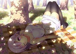  cherry_blossoms dress grass kaname_(you02421) long_hair original pink_eyes purple_hair shade thighhighs tree wink 