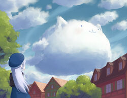  :3 angora_rabbit back beret blue_dress blue_hair blue_sky building cloud cloudy_sky commentary_request day dress female gochuumon_wa_usagi_desu_ka? hair_ornament hairclip hat kafuu_chino kafuu_chino&#039;s_school_uniform long_hair looking_up outdoors purple_hair rabbit school_uniform sebastian_(artist) sky solo tippy_(gochiusa) tree x_hair_ornament 