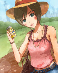  :d bag belt brown_hair camisole can commentary_request female handbag hat idolmaster idolmaster_cinderella_girls jewelry manaka_misato necklace open_mouth photoshop_(medium) rotoyuki short_hair smile solo sun_hat watch wristwatch 