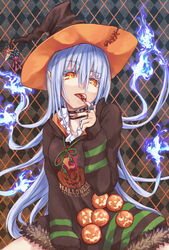  blue_fire choker commentary_request female fiery_hair finger_in_own_mouth fire halloween hat hood hoodie jack-o&#039;-lantern jewelry long_hair long_sleeves looking_at_viewer mumulatte original pointy_ears ring solo very_long_hair witch_hat yellow_eyes 