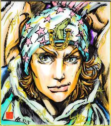  1boy ashiya_kouhei commentary_request hat johnny_joestar jojo_no_kimyou_na_bouken male_focus marker_(medium) official_style shikishi solo steel_ball_run traditional_media 