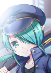  &gt;:) aqua_eyes aqua_hair black_shirt chromatic_aberration collarbone commentary dot_nose female hair_over_one_eye hat head_tilt highres keifuku-san keifuku_(tatsuki) long_hair looking_at_viewer peaked_cap photoshop_(medium) pointy_ears ponytail portrait shirt smile solo v-shaped_eyebrows yasume_yukito 