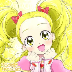  :d blonde_hair bow character_name commentary_request earrings female futari_wa_precure futari_wa_precure_max_heart hairbow jewelry kujou_hikari long_hair magical_girl md5_mismatch open_mouth precure shiny_luminous smile solo twintails yellow_background yellow_eyes yoshimune 