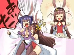  2girls ahoge animal_ears azur_lane baozi bare_shoulders biting black_hair black_leotard breasts brown_hair brown_pantyhose brown_thighhighs chinese_clothes cleavage commentary_request detached_collar dress fake_animal_ears fishnet_legwear fishnets food hair_ornament iwatobi_hiro leotard long_hair multiple_girls ning_hai_(azur_lane) ning_hai_(moon_palace_rabbit)_(azur_lane) official_alternate_costume open_mouth pantyhose ping_hai_(azur_lane) ping_hai_(osmanthus_moon_rabbit)_(azur_lane) playboy_bunny purple_eyes rabbit_ears rabbit_tail red_eyes small_breasts tail thighhighs twintails 