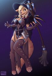  anthro blizzard_entertainment blonde_hair breasts broom cleaning_tool cleavage clothed clothing cosplay costume facial_piercing felid female hair halloween holidays legwear mammal mercy_(overwatch) mistystriker nose_piercing nose_ring open_mouth overwatch piercing pose purple_eyes ring_piercing skimpy smile solo thigh_highs 