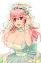  :d blush breasts cleavage commentary_request female food food-themed_clothes hands_on_headphones headphones highres large_breasts long_hair looking_at_viewer macaron nitroplus open_mouth pink_eyes pink_hair simple_background smile solo super_sonico veil waniwani white_background wrist_cuffs 