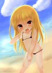  bikini black_bikini blonde_hair blush cloud cowboy_shot day eyebrows eyebrows_visible_through_hair female flat_chest flower_knight_girl lolicon long_hair neko_miyabi_(artist) open_mouth poinsettia_(flower_knight_girl) shiny shiny_skin sky solo standing swimsuit yellow_eyes 