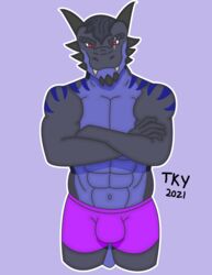  abs absurd_res anthro black_body black_skin blue_body blue_markings blue_skin bottomwear bulge clothed clothing crossed_arms dragon eye_scar facial_scar facial_spikes hi_res horn looking_at_viewer male markings muscular muscular_anthro muscular_male mythological_creature mythological_scalie mythology narrowed_eyes purple_bottomwear purple_clothing purple_shorts red_eyes scalie scar shorts simple_background smile solo spikes spikes_(anatomy) tackykat teeth topless vick_(tackykat) 