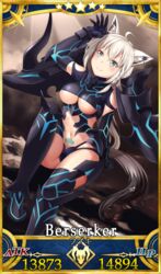  ahoge animal_ear_fluff animal_ears aqua_eyes atalanta_(fate) atalanta_alter_(fate) atalanta_alter_(fate)_(cosplay) atalanta_alter_(third_ascension)_(fate) breasts card_(medium) card_parody collar commission cosplay dragon_horns fate/grand_order fate_(series) female fox_ears fox_girl fox_tail hololive horns long_hair medium_breasts midriff pentagram ponytail pubic_tattoo servant_card_(fate/grand_order) shirakami_fubuki solo tail tattoo underboob virtual_youtuber white_hair yasume_yukito 