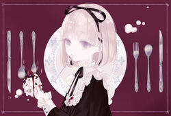  black_dress black_ribbon bob_cut cake candle dress female food fork frills from_side fruit grey_eyes hair_ribbon highres holding holding_food knife long_sleeves mouth_hold original plate ribbon short_hair solo spoon strawberry upper_body white_hair yoggi_(stretchmen) 