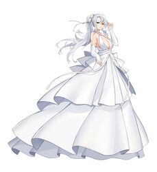  absurdres alternate_costume azur_lane bare_shoulders breasts bridal_gauntlets center_opening commentary_request criss-cross_halter drake_(azur_lane) dress female full_body halterneck highres large_breasts layered_dress long_dress long_hair looking_at_viewer ponytail shidiancijianongpao simple_background sleeveless sleeveless_dress solo wedding_dress white_background white_hair yellow_eyes 