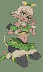  :3 bare_shoulders black_thighhighs blonde_hair bow clothing_cutout crop_top female frilled_bow frills full_body green_background green_eyes green_footwear green_theme hairbow hand_up high_heels highres jumping looking_at_viewer midriff navel nijitama_shiyushiyu oerba_yun_fang pretty_series pripara puffy_short_sleeves puffy_sleeves shoes short_hair short_sleeves shoulder_cutout simple_background smile solo stomach tail taiyo_pepper thighhighs wristband 