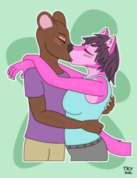  absurd_res anthro arm_around_partner bevis_(tackykat) blush bottomwear brown_body brown_fur canid canine closed_eyes clothed clothing duo female fully_clothed fur grey_bottomwear grey_clothing grey_pants hand_on_back hi_res hug khaki_pants kissing making_out male male/female mammal murid murine pants pink_body pink_fur purple_clothing purple_shirt purple_topwear rat rodent sammie_(tackykat) shirt simple_background tackykat teal_clothing teal_shirt teal_topwear topwear 